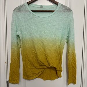 NWOT Young Fabulous & Broke XS Linen Shirt Ombre Blue Yellow Long Sleeve Tuck